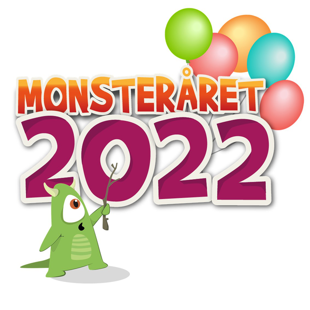 Monsteråret 2022 med ballonger och Plastis som håller i en pinne